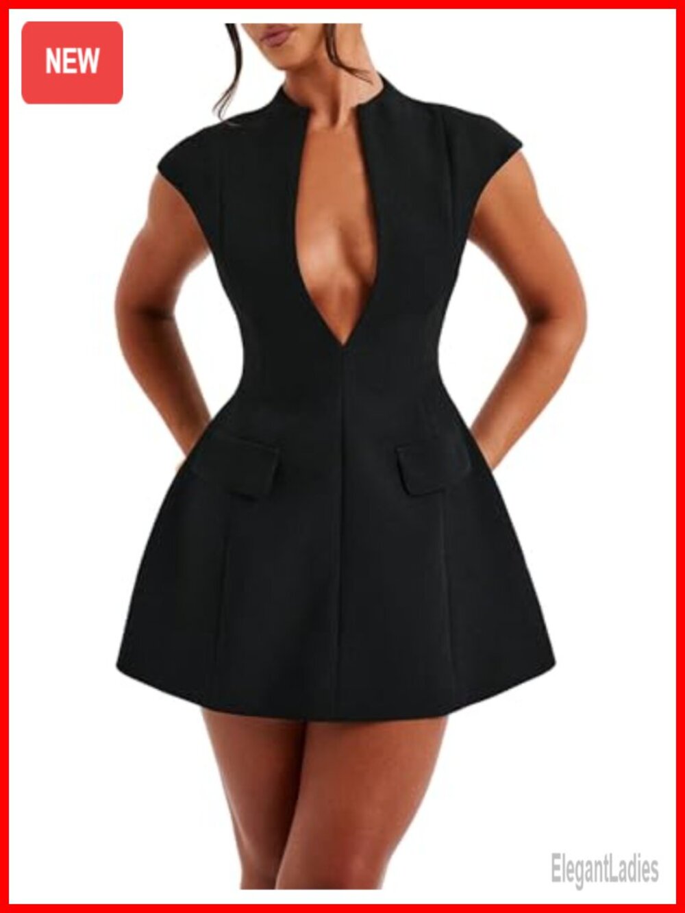 Sexy Cap Sleeve Deep V Neck Zipper A-Line Mini Dress